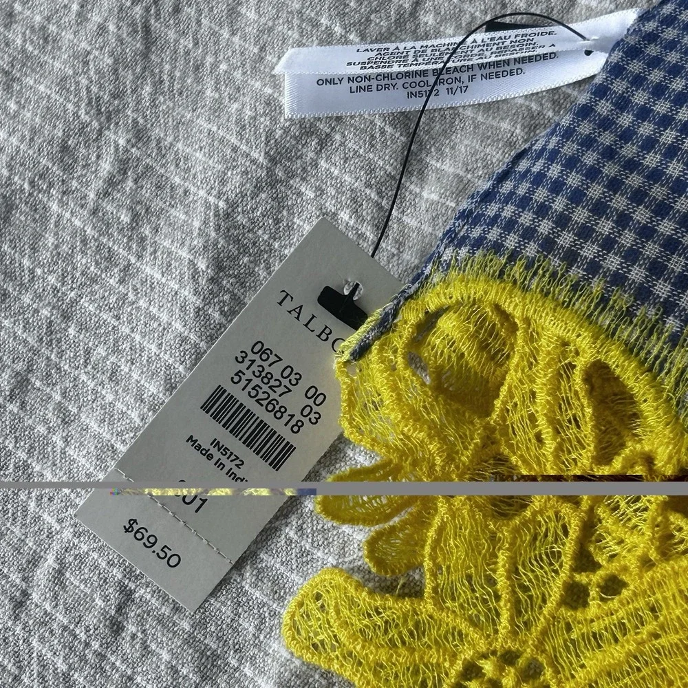 NWT blue/white Gingham Cotton Scarf Bright Yellow Lace Embroidered Ends